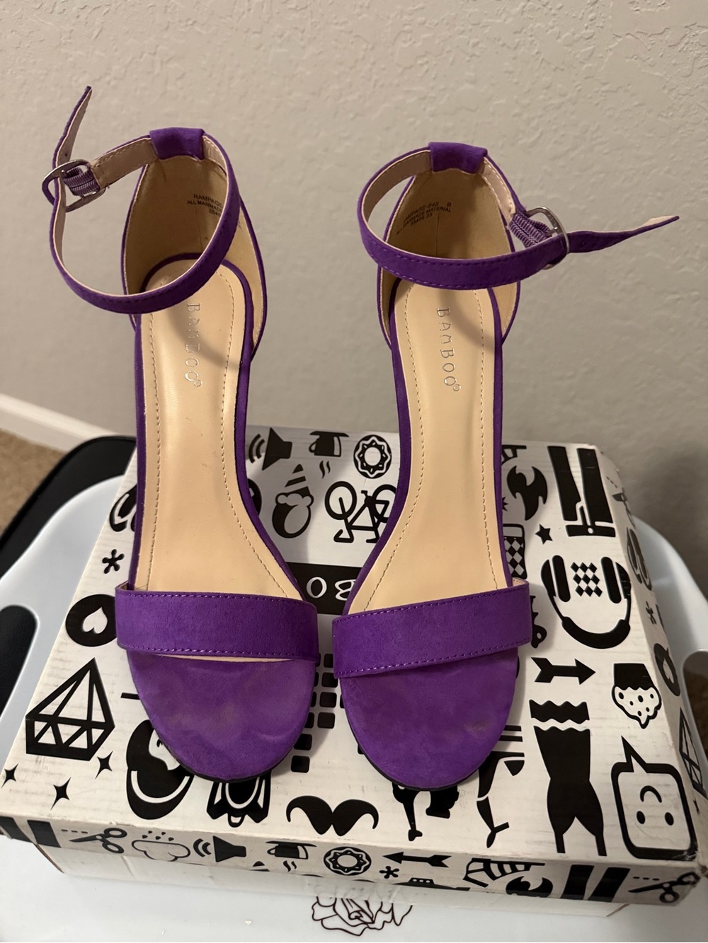 BAMBOO Purple Suede Ankle-Strap Block Heel Sandals
